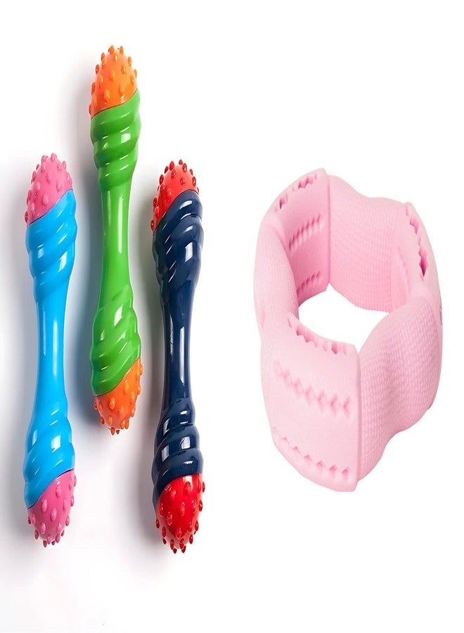 PET FUN مجموعة ألعاب مضغ للكلاب من بيت فن - لعبة مضغ مطاطية على شكل دمبل ولعبة شد ثلاثية الاتجاهات للكلاب والجراء - متينة، غير سامة، تصدر صوتاً، وتوزع المكافآت، وتساعد في العناية بالأسنان، عبوة من قطعتين - Image 1